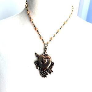 Classic Hardware Distressed Heart Arrow Rockware Faux Pearl Pendant Necklace